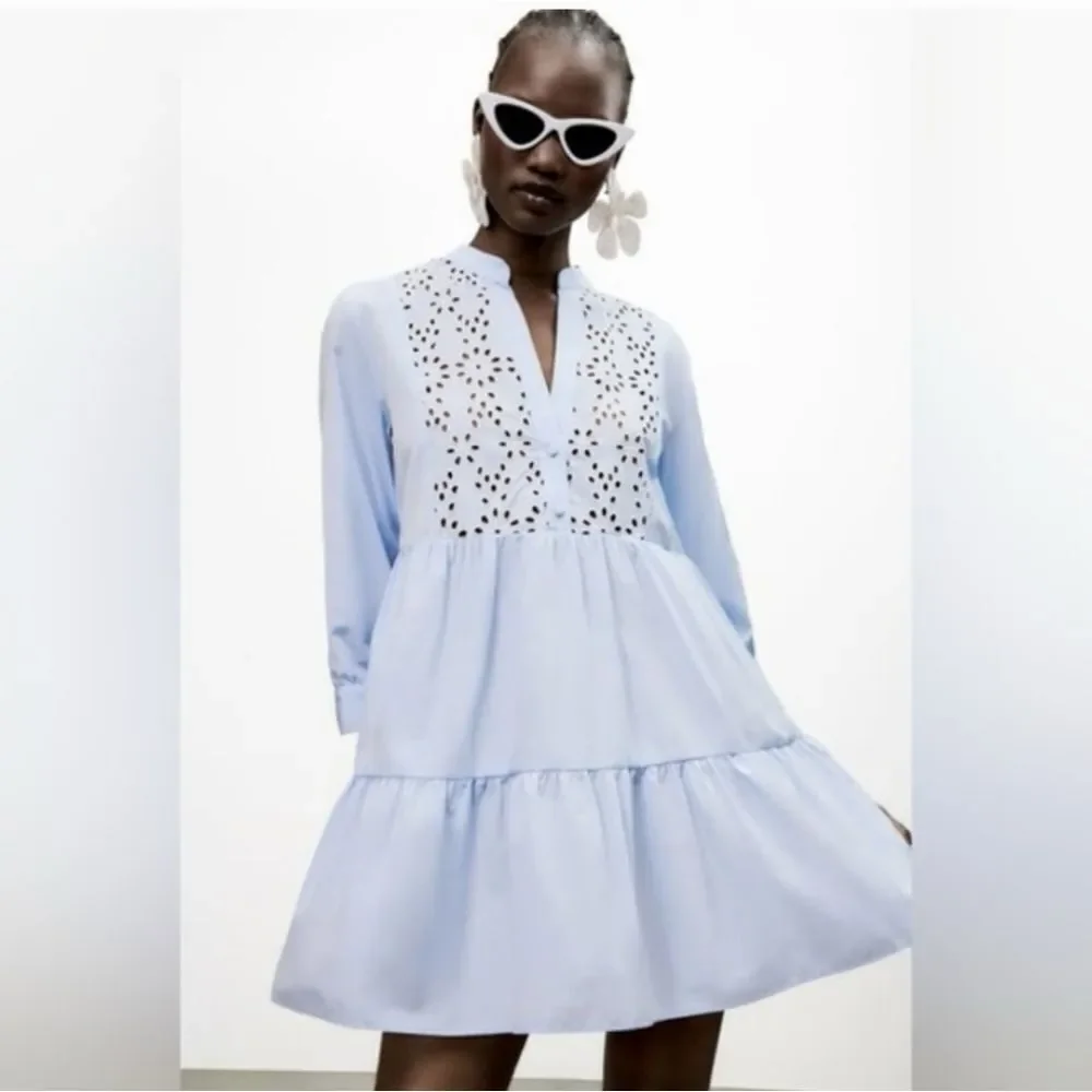 Zara Eyelet Shirt Dress In Light Blue Size Small